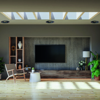 Modern minimalist interior mockup cabinet tv wall mounted in a c